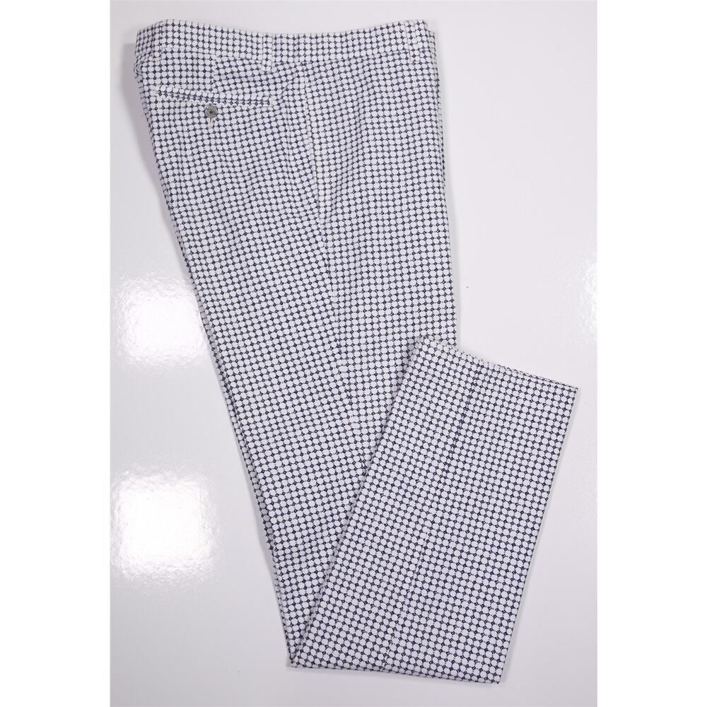 Piombo White Blue Geometric Print Flat Front Dress Pants Made in Italy 32x33